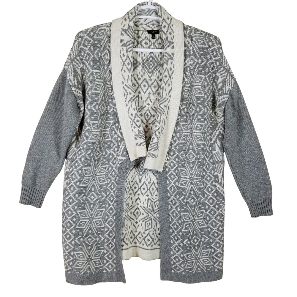 Talbots Woman Gray Ivory Wool Cashmere Geometric Snowflake Cardigan Sweater 1X‎